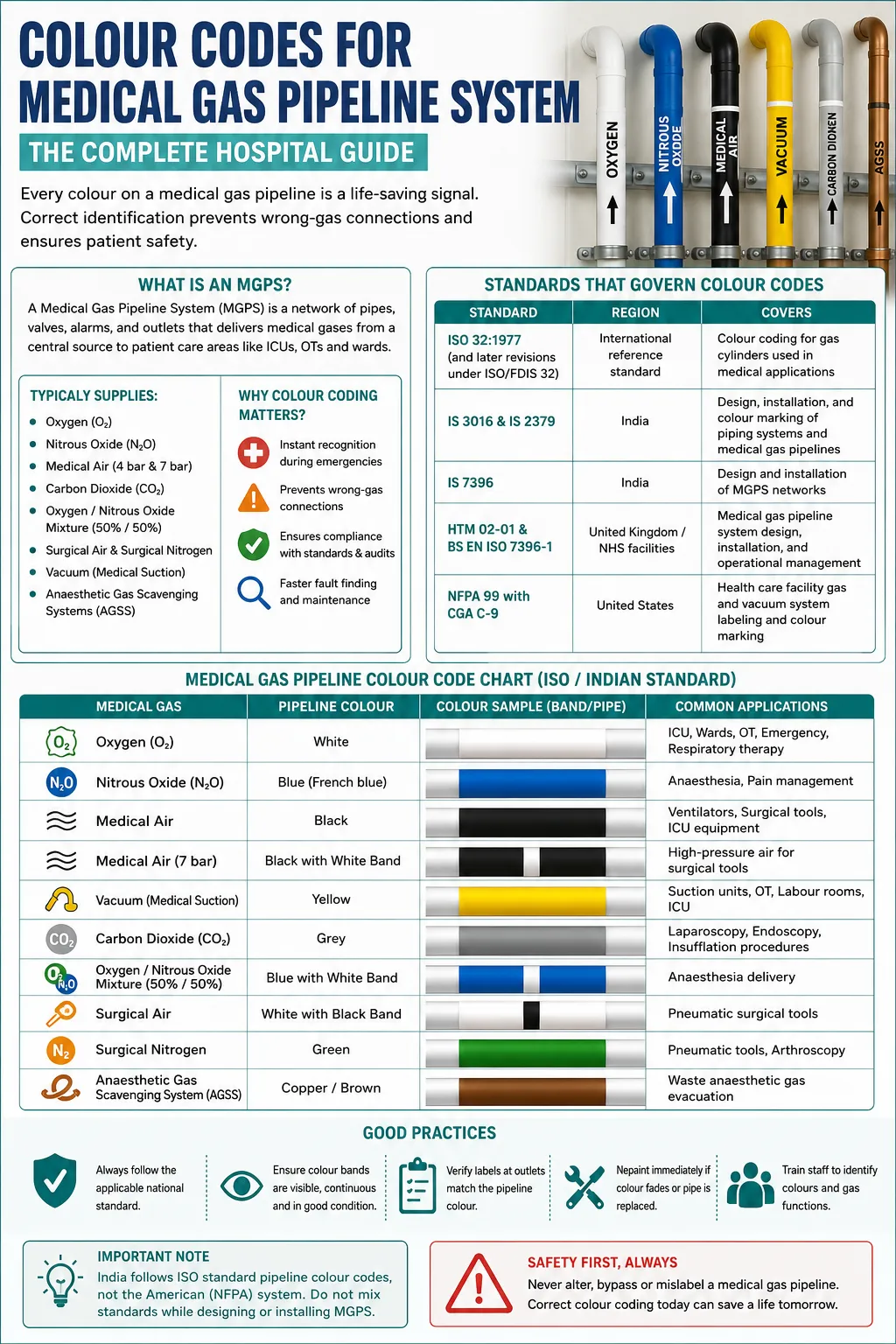 medical gas pipeline colour code chart